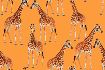 A lively arrangement of various giraffes stands against a bright orange backdrop. Seamless childish pattern. Generative AIの素材