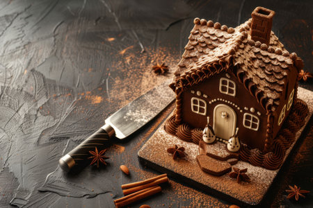 A beautifully crafted chocolate gingerbread house is displayed with intricate frosting and cinnamon sticks, set on a dark textured surface. Generative AIの素材