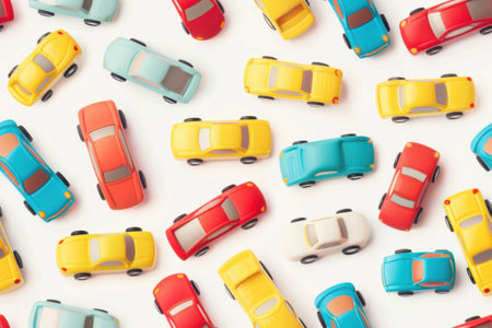 A variety of toy cars in multiple colors scattered on a plain white background. Seamless pattern for childish fabric print. Generative AIの素材