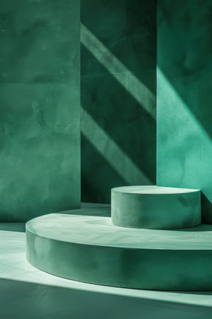 A beautifully lit space features a smooth green circular platform, casting elegant shadows on the surrounding walls. Generative AIの素材