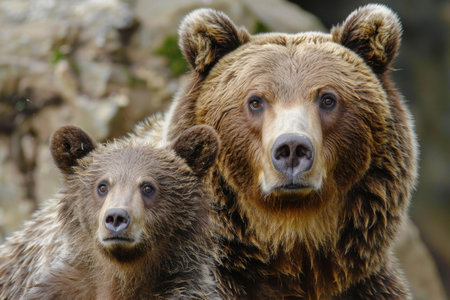 A mother grizzly bear and her cub are seen resting closely together in their natural habitat, surrounded by rocky terrain and greenery. Generative AIの素材