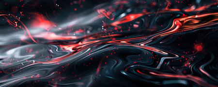 Swirling patterns in red and black liquid create a striking visual effect, enhanced by sparkling particles floating in the mixture. Generative AIの素材