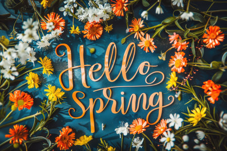 A lively arrangement of colorful spring flowers surrounds the cheerful greeting Hello Spring. Generative AIの素材