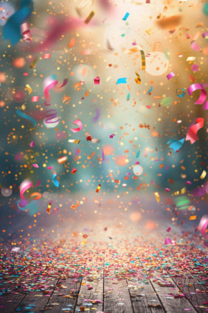 Vibrant confetti cascades down from above, filling the air with a festive spirit. Generative AIの素材