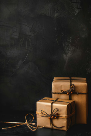 Two neatly wrapped brown packages with twine sit elegantly on a dark surface, perfect for gift-giving or home decoration. Generative AIの素材