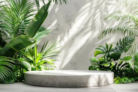 Lush green plants surround a smooth circular pedestal, with shadows creating a tranquil atmosphere in a bright, inviting space. Generative AIの素材