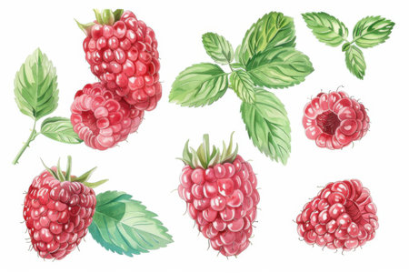 Ripe raspberries in various stages of ripeness alongside fresh green mint leaves fill the layout. Generative AIの素材