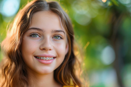 A young girl with curly hair and braces smiles brightly, surrounded by blurred greenery in a sunny outdoor setting. Generative AIの素材