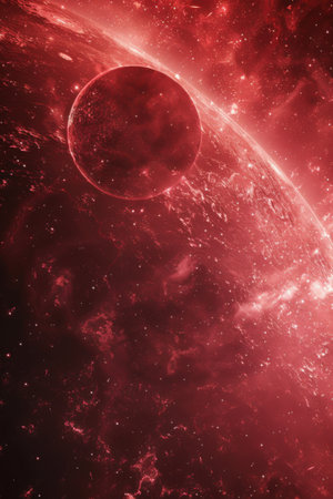 A vibrant red cosmic landscape showcases a planet surrounded by swirling gases and stars in deep space. Generative AIの素材