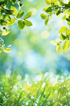 Bright sunlight filters through vibrant green leaves, creating a peaceful atmosphere. Generative AIの素材