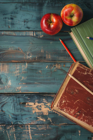 Red apples, books, and pencil on blue wooden table, copy space. Vertical background. Back to school concept. Generative AIの素材