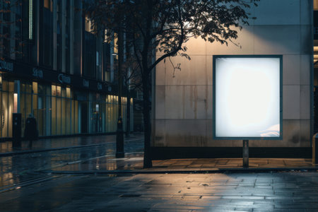 A brightly lit, empty billboard stands on a wet sidewalk in a bustling urban environment. Generative AIの素材