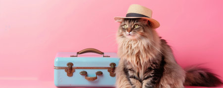 A fluffy cat sitting comfortably by a vintage suitcase, wearing a charming straw hat. Generative AIの素材