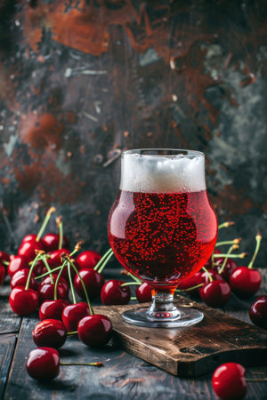 A glass of cherry beer with a thick head of foam sits on a wooden cutting board surrounded by fresh red cherries. Generative AIの素材