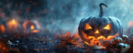 A carved pumpkin with a menacing grin illuminates the surrounding area with its warm glow, casting eerie shadows on vibrant autumn leaves. Generative AIの素材