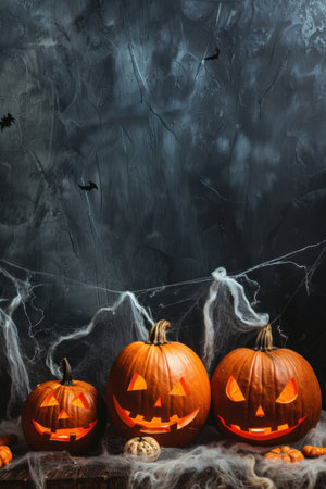 Glowing jack-o'-lanterns are arranged on a table, each carved with distinct sinister expressions. Generative AIの素材