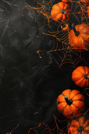 A collection of bright orange pumpkins is artistically arranged against a dark backdrop, intricately draped with delicate spiderwebs. Generative AIの素材