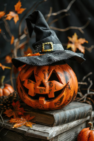 A carved jack-o-lantern with a wide grin wears a black witch hat with a buckle. Generative AIの素材