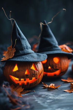 Two carved jack-o-lanterns with wide grins wear black witch hats. Generative AIの素材