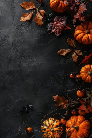 A collection of bright orange pumpkins is artistically arranged against a dark backdrop, surrounded by autumn colorful leaves. Generative AIの素材