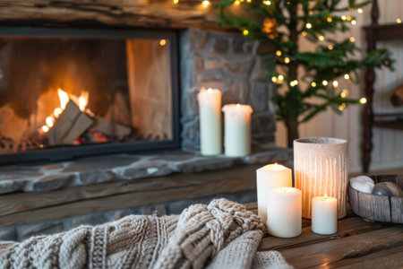 A cozy winter scene with a fireplace burning, candles lit on a wooden table, and a knit blanket draped over the table. Generative AIの素材
