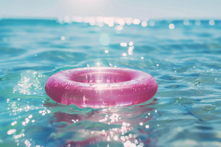 A vibrant pink inflatable ring floats serenely in a pool of clear, aqua blue water. Generative AIの素材