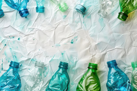 A white sheet of crumpled paper is covered in empty plastic bottles of various colors. Generative AIの素材