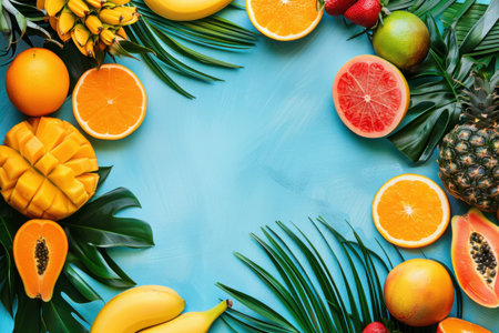 A colorful assortment of fresh, tropical fruit, including mango, papaya, bananas, pineapple, oranges, grapefruit, and lime on blue background. Generative AIの素材