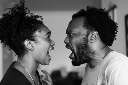 A couple is having a heated argument, each facing the other, both with mouths open in mid-yell. Generative AIの素材