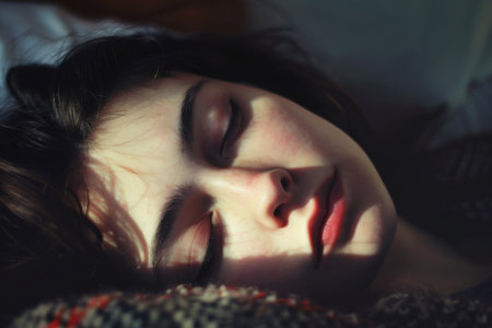 A woman with long dark hair sleeps in bed, with sunlight illuminating her face. Generative AIの素材