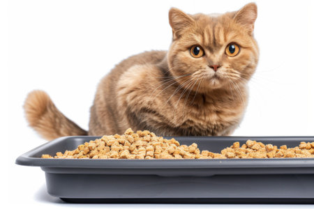 A ginger cat with large golden eyes seating by the tray with cat litter on white background. Generative AIの素材