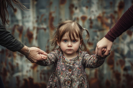 A little girl, wearing a floral dress, holds the hands of two adults. Generative AIの素材