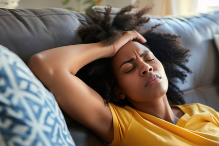 A young woman sits on a couch, appearing distressed and feeling headache while resting her hand on her forehead. Generative AIの素材
