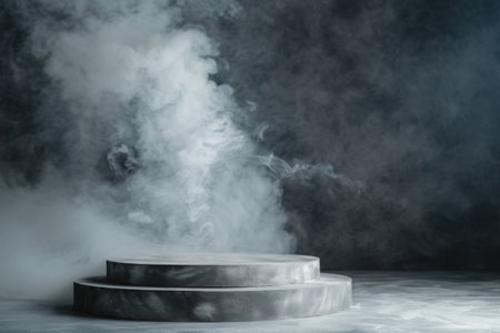 Soft fog envelops circular stone steps in a dimly lit studio, creating an enigmatic atmosphere. Generative AIの素材