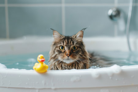 A fluffy cat sits in a bubble-filled bathtub, curiously gazing at a bright yellow rubber duck floating beside it. Generative AIの素材