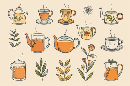 An array of teapots, cups, and herbal infusions, showing diverse tea styles and botanical elements. Generative AIの素材