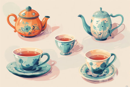 A beautifully illustrated tea set featuring two teapots and two teacups, showcasing floral patterns against a soft pastel backdrop. Generative AIの素材