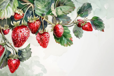 A cluster of ripe strawberries hangs from a vine, surrounded by vibrant green leaves against a soft background. Generative AIの素材
