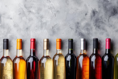 Various wine bottles line a sleek marble counter, showcasing a range of colors including red, white, and rose. Generative AIの素材