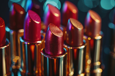 A colorful assortment of lipsticks is showcased on a sleek display in a beauty store. Generative AI.の素材