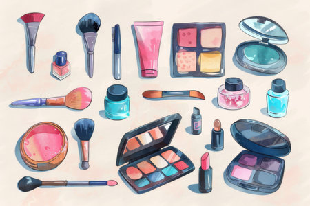 A vibrant collection of various makeup products is neatly arranged on a beige background. Generative AIの素材