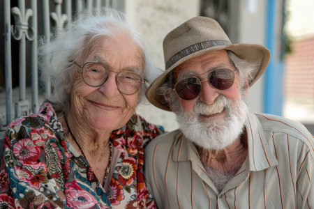 An elderly couple enjoys their time together outside, smiling and radiating joy. Generative AIの素材