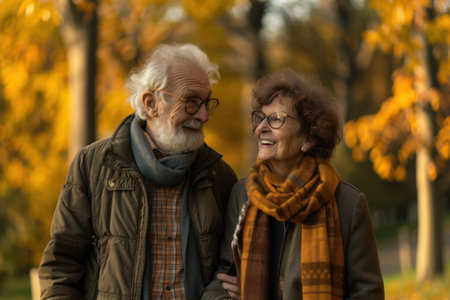 An elderly couple walks hand in hand along a park pathway adorned with fallen leaves. Generative AIの素材