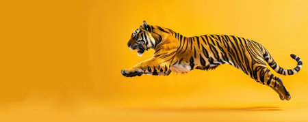 A powerful tiger is captured mid-leap, showing its strength and agility. Generative AIの素材