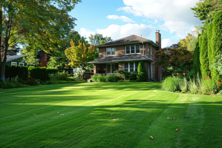 Beautiful neatly trimmed green lawn in front of a two-storied country house, close up view. Generative AIの素材