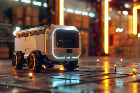 An autonomous delivery robot is making its way along a cobblestone pathway in an urban neighborhood during evening hours. Generative AIの素材