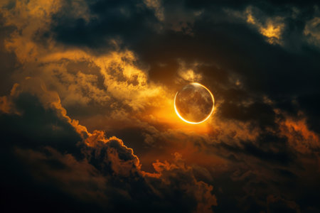 A breathtaking solar eclipse occurs as the moon partially obscures the sun, against a backdrop of vibrant sunset clouds. Generative AIの素材