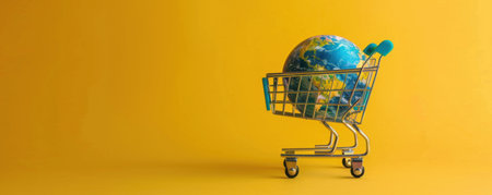 Shopping cart carrying a globe against a bright yellow background, copy space. Generative AIの素材