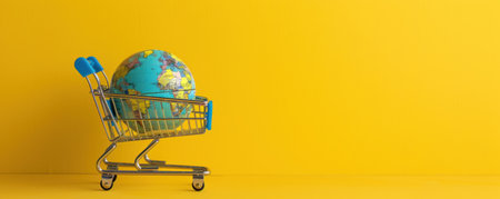 Shopping cart carrying a globe against a bright yellow background, copy space. Generative AIの素材