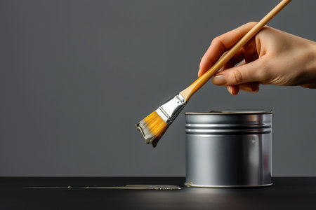 A hand delicately grips a paintbrush poised above an open tin of paint. Generative AIの素材
